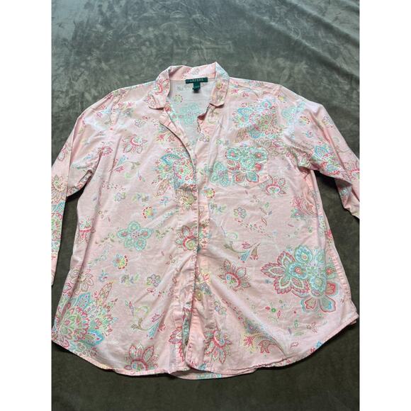 Lauren Ralph Lauren Pink Paisley‎ Lightweight 100% Cotton Button Front Shirt XL - Picture 1 of 7